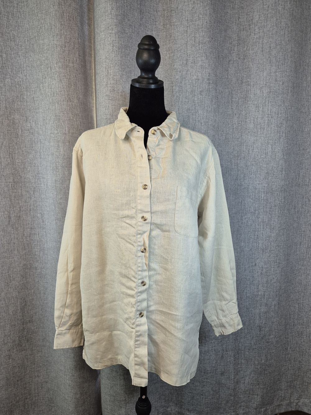 Real Comfort 100% Linen Button Front Shirt Women's Medium Oatmeal Beige Long Sle